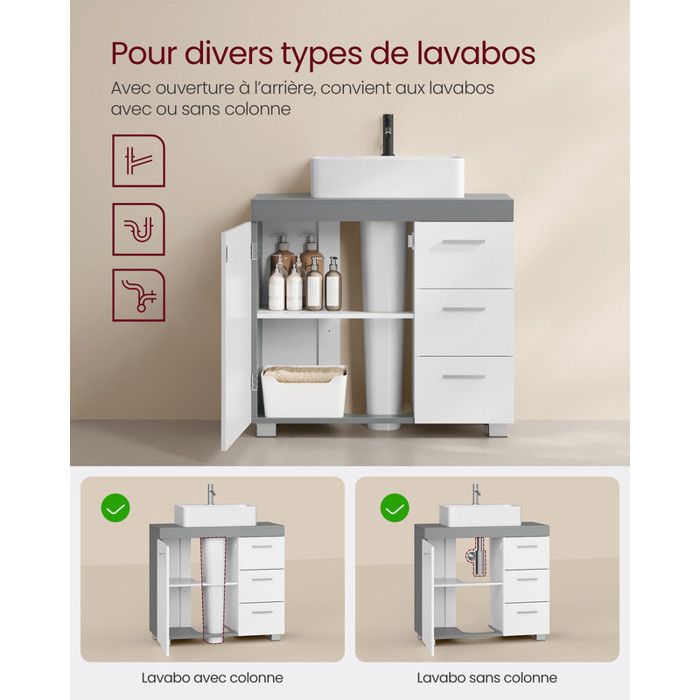 VASAGLE Meuble Sous Lavabo 30 X 70 X 64 Cm - 3 Tiroirs Et Espace Rangement, Blanc Nuage BBK504W01