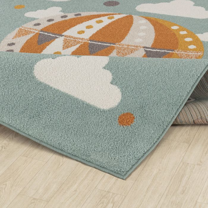 Tapis Rond ø120 Cm – Jaune Pâle – Motifs Montgolfière, Arc-en-ciel, Soleil – Doux, Antidérapant, Lavable – Chambre Enfant Ou Salon