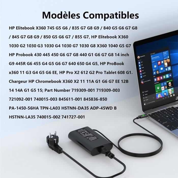 Chargeur USB-C 65W Pour HP EliteBook X360 830 G6 - Alimentation Rapide - Garantie 3 Mois