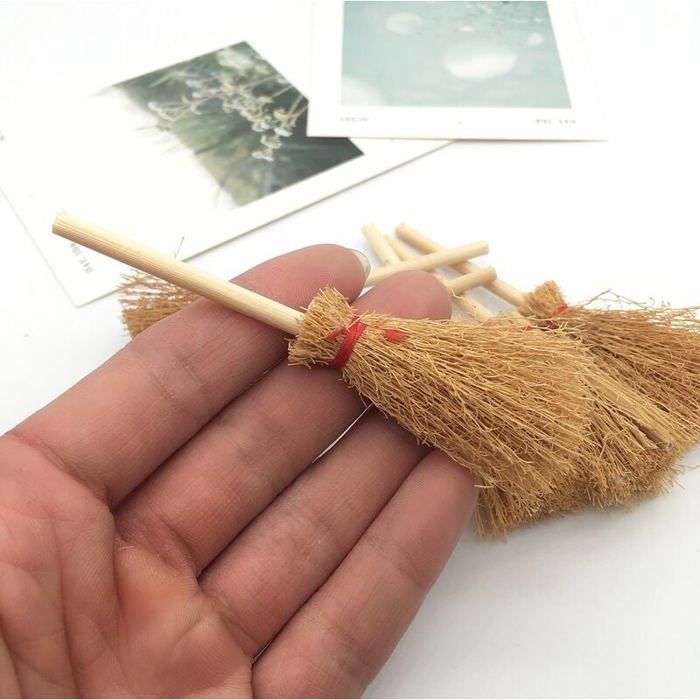 10 Mini Balais En Paille Pour Maison De Poupée - Bambou Et Bois - 9.5x1.5cm - Déco Et Accessoire Jeu