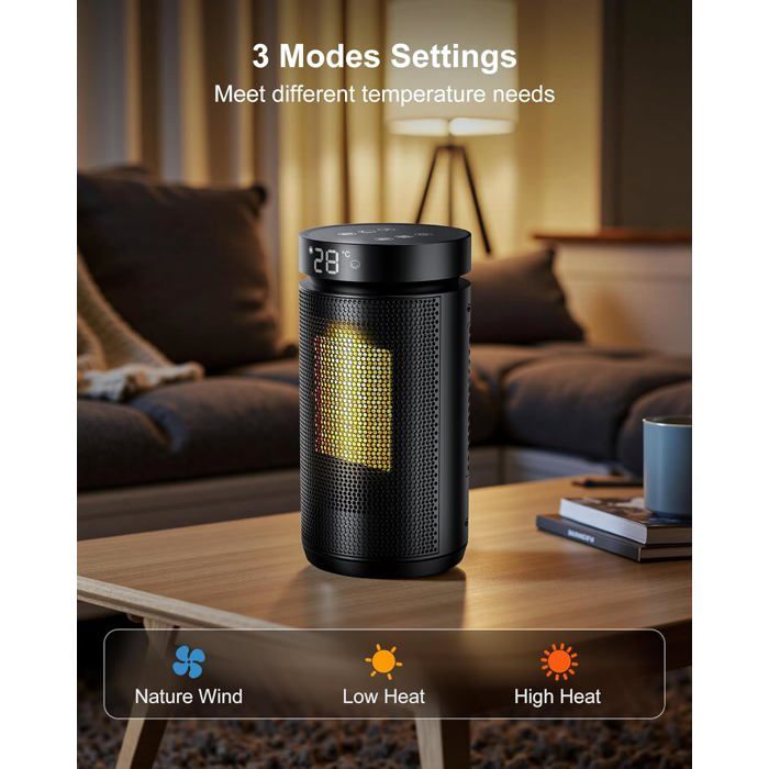 Chauffage D'appoint Portable PTC - 3 Modes Réglables, Minuterie 4 Positions, Sécurité Surchauffe - Pour Bureau, Salle De Bain, Maison