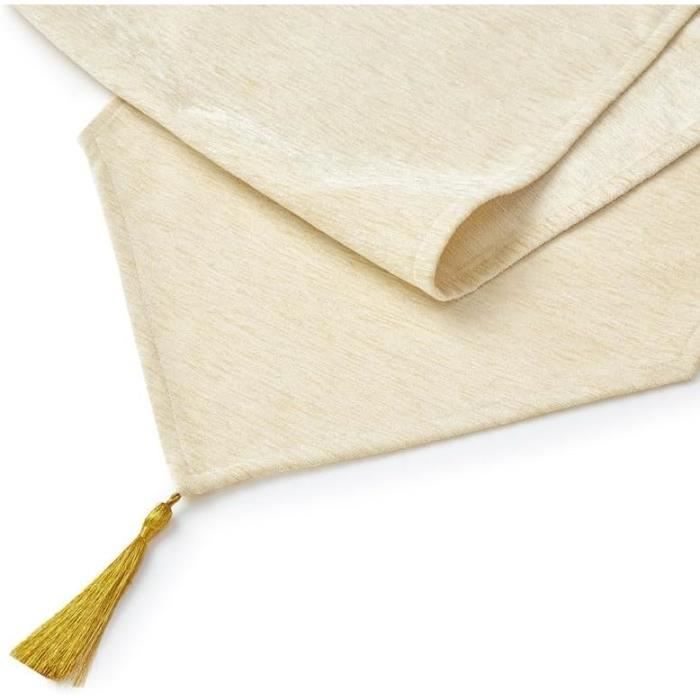 Chemin De Table En Chenille Fine Avec Glands - 32x150 Cm - Or - Décoration Pour Mariage, Fête, Salle à Manger