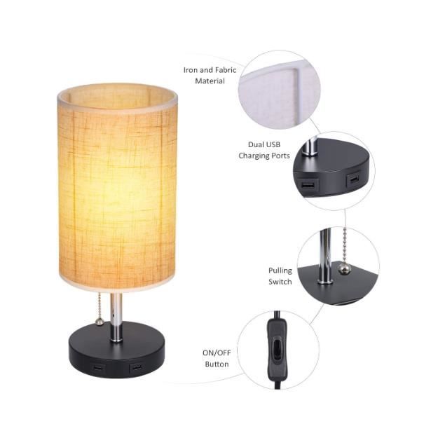 Lampe de chevet USB,lampe de table moderne en bois massif avec 2