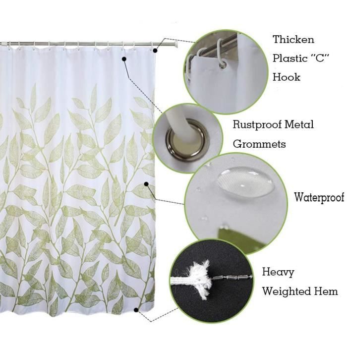 Rideau De Douche Lierre Vert 180x180 Cm - Anti-Moisissure Imperméable - 12 Crochets Inclus