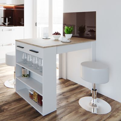 Table De Bar Vicco - Blanc Et Anthracite - Avec étagères Et Compartiments - 117 Cm
