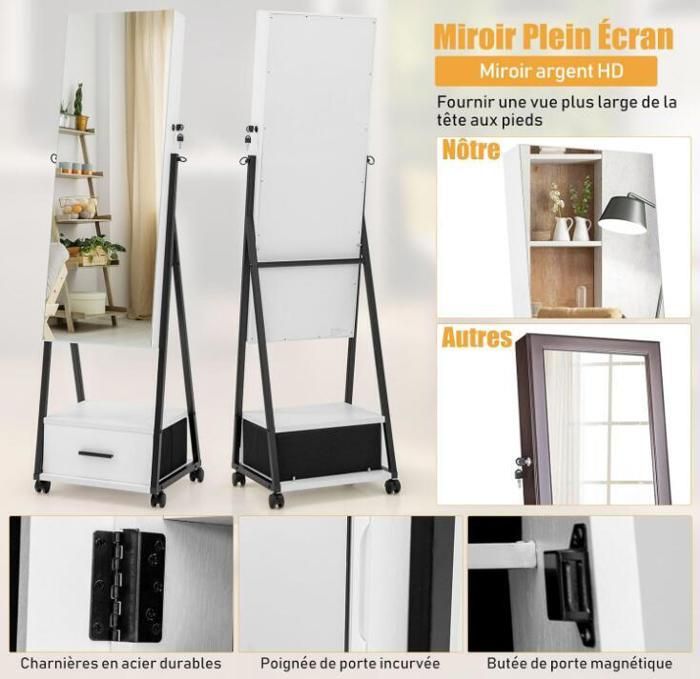 Armoire à Bijoux Pivotante RELAX4LIFE – Miroir Psyché + Miroir Hollywood LED 3 Couleurs – Verrouillable – Grand Rangement – Blanc