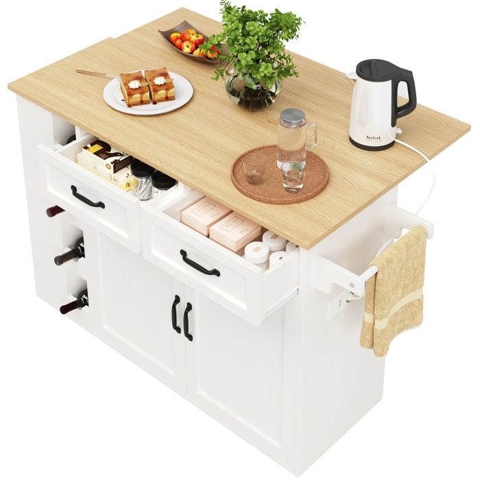 Îlot De Cuisine Mobile Avec Multiprise - Plan Pliable, 2 Tiroirs, 2 Portes - Roulettes Freinées - Noir - Dimensions 151,5x84,7x91,7 Cm - 14