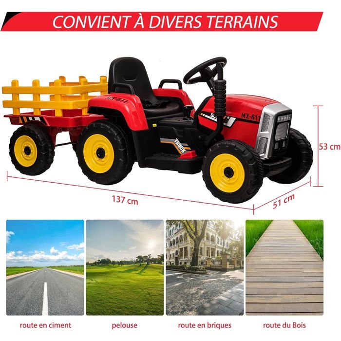 Tracteur Electrique 12 V pour Enfants 3-5 km/h avec Télécommande, Remorque,Pahres 3 à 8 ans, Jaune | Leroy Merlin