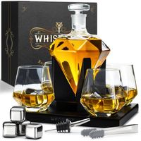 Whisiskey Carafe Whisky - Diamant - 900 ml - 4 Verre à Whisky, 4 Pierre à Whisky, Bec Verseur - Vin Carafe Decanter - ​Cadeau homme