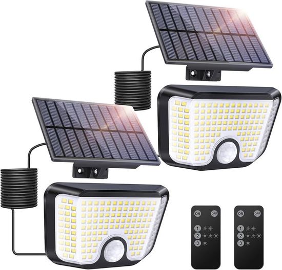 Lot De 2 Spots Solaires Extérieurs Avec Détecteur Mouvement - 155 LED, IP65, Câble 3 M - Pour Jardin, Entrée, Allée