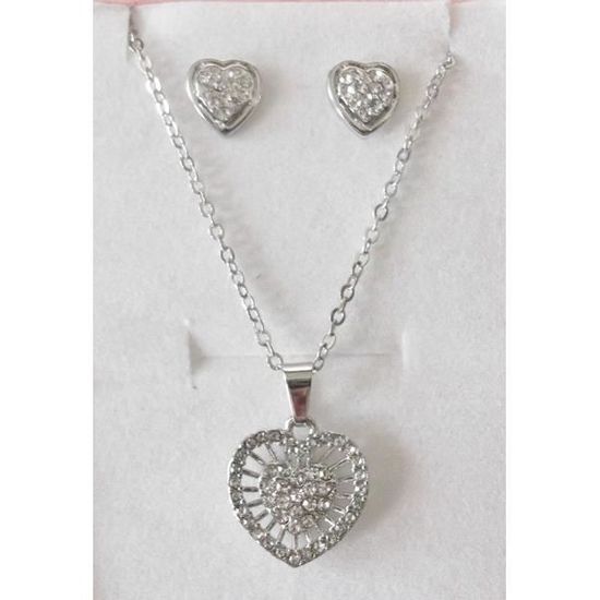 Boucles D'oreilles Puces Dolly-Bijoux - Coeur Avec Saphir Et Cz Diamant - Argent 925 Massif Rhodié - Neuf Avec étiquettes