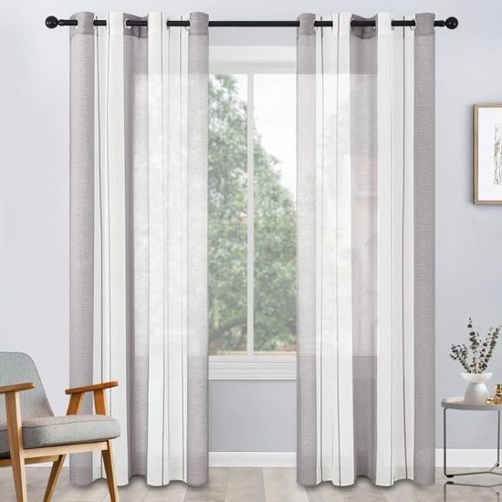 MRTREES Lot De 2 Rideaux Voilage Blanc Et Gris 140x145 Cm - Rayés à Oeillets, Tamisants Et Élégants Pour Salon Et Chambre