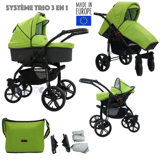 Graphite-Vert LEGRO Trio Poussette - Landau 3en1 Combinée avec siège auto, ROUES PIVOTANTES - B