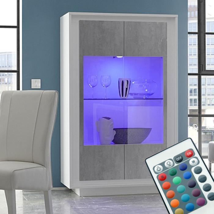 Vaisselier design blanc laqué mat et effet béton ERINE 7 Avec éclairage