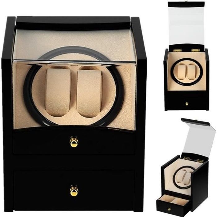 Remontoir de Montre Automatique Silencieux 2+2 Watch Winder en Bois Ecrin Boîte de Rangement Noir