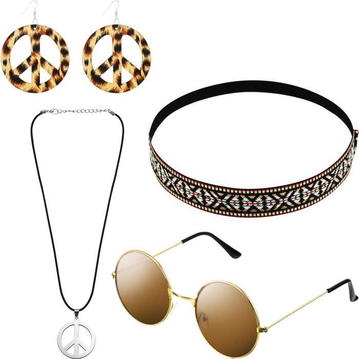 Hicarer Ensemble de Costume Hippie Comprendre Lunettes de Soleil, Bandeau Cheveux, Collier Signe de la Paix et Boucle d'Oreille (
