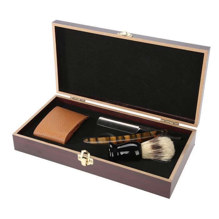 Sonew Set de rasage pour hommes Kit de rasage de barbier rasoir manuel droit brosse de rasage affûtage boîte en bois Strop
