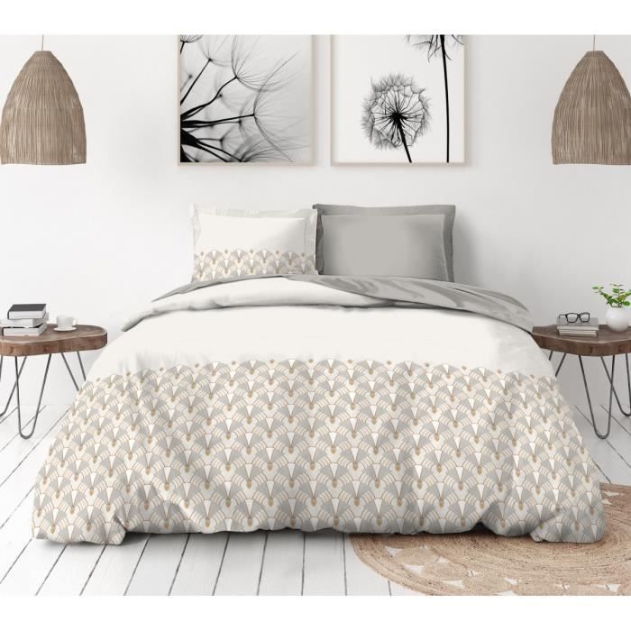 Housse de Couette 3 Pièces - Percale de Coton 80 Fils - 2 Personnes 220x240 cm - ART DÉCO Beige Blanc