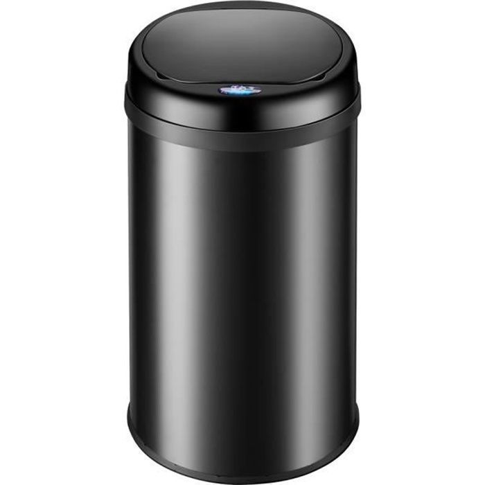 Poubelle de cuisine automatique ronde 40 litres noir avec support de sac Capteur de mouvement Recyclage déchets maison