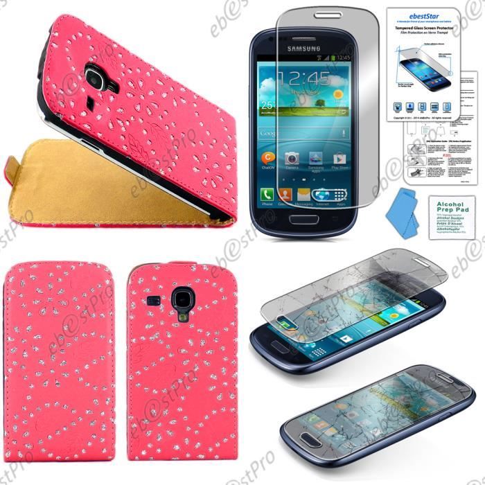 Etui en PU cuir STRASS à rabat ULTRA FINE Housse Coque Samsung Galaxy S3 Mini GT-i8190, Rose + Film Verre Trempé