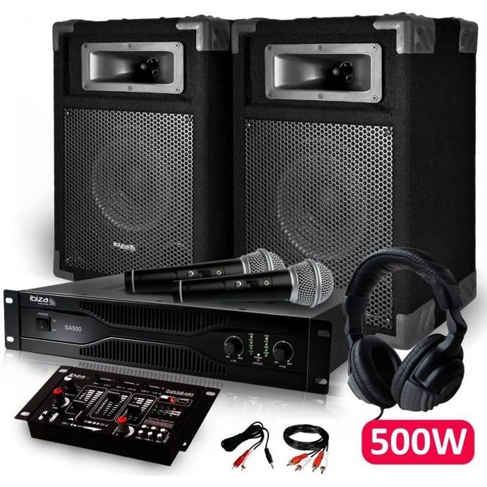 PACK DJ SONO PA KARAOKE Amplificateur 500W + 2 Enceintes + Table de mixage DJ21 USB + Casque 2 Micros Câblages