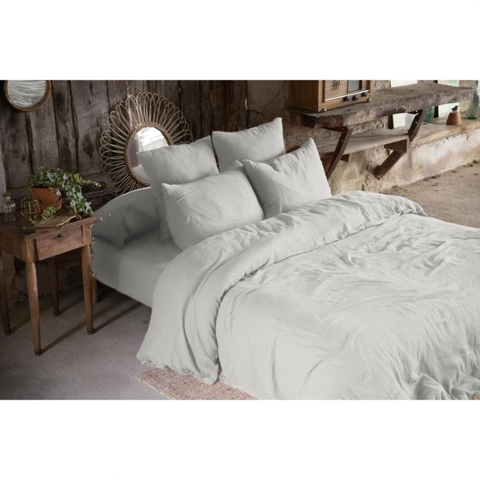 CDaffaires Pack gaze de coton parure de couette 260X240 cm + drap housse 160X200 + 2 taies 60x60 Gris