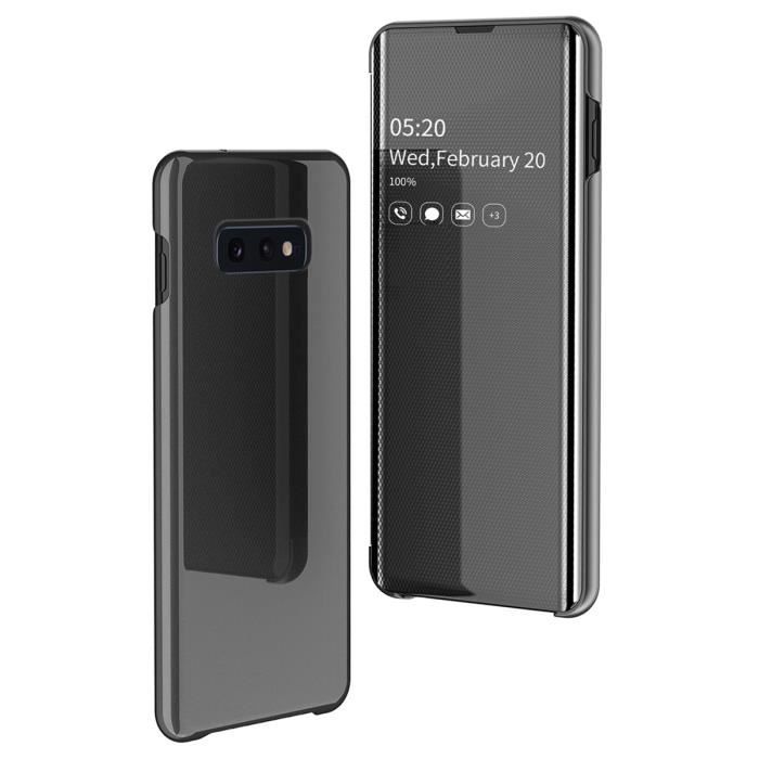 Coque Samsung Galaxy S10e,Etui Clear View Miroir Electroplate Plating Kickstand -Noir