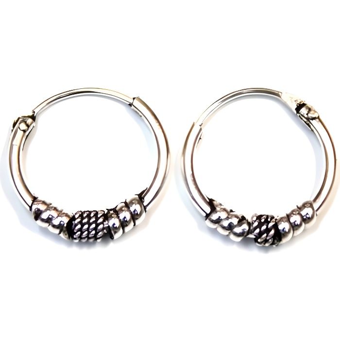 Boucles d'oreilles créoles de Bali en argent 925 diamètre 12mm - B - RC005433