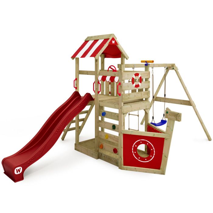 WICKEY Aire de jeux Portique bois SeaFlyer avec balançoire et toboggan rouge Cabane enfant extérieure avec bac à sable