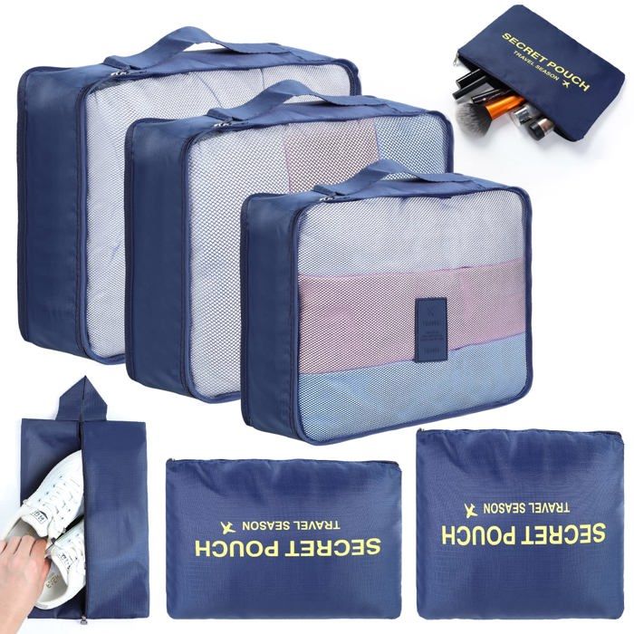 Lot De 8 Organisateurs De Voyage (packing Cubes) Imperméables - 3 Cubes, 3 Pochettes, 2 Sacs à Chaussures - Pour Valise