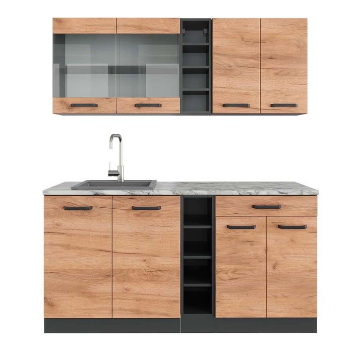 Vicco cuisine R-Line, Chêne doré/anthracite, 300 cm avec armoire haute, PT Chêne - Maison