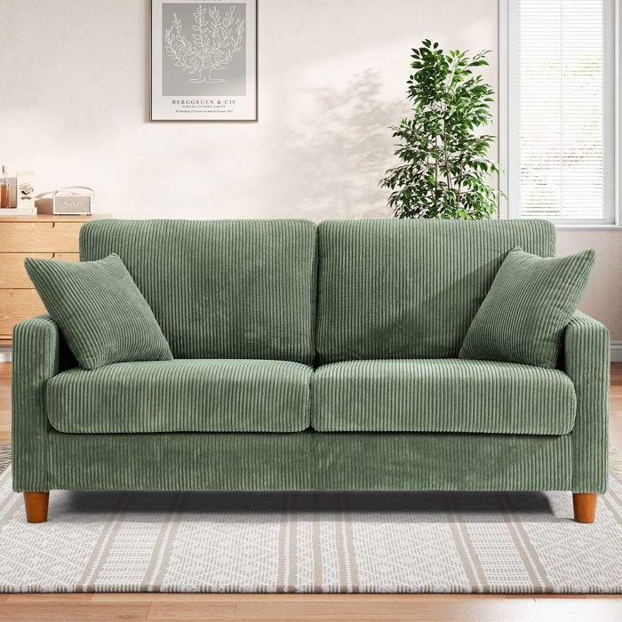 Canapé 2/3 Places en Velours Côtelé VertCanapé Scandinave avec 2 coussins et 2 oreillers pour le salonpieds en bois178×76×84cm