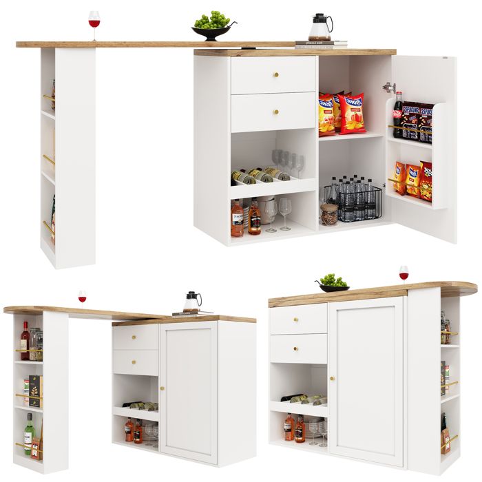 Table de bar extensible 105x39x102 Table Haute avec Espace de Rangement Table bistro rotative avec 2 porte 5 compartiments 1 tiroir