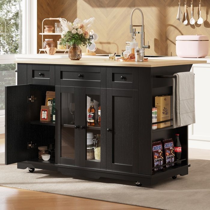 Desserte Ilot Central CuisinePlan de Travail PliableFinition en BoisRoulettes4 Portes 3 Tiroirs151.5x85x91.7cmNoir