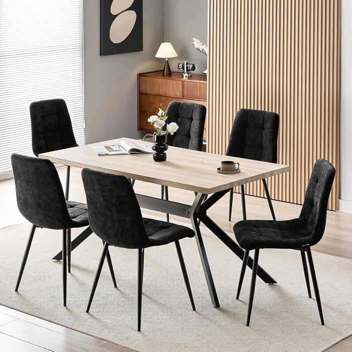 Ensemble table de salle à manger - WAFTING - 6 places - Table rectangulaire 140x80x73 cm - Hêtre clair - Chaises lin noir
