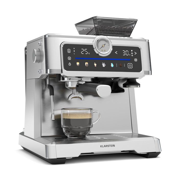Klarstein GrandPresso Machine à expresso 20 bars broyeur intégré mousseurde lait Machine à café barista Argent