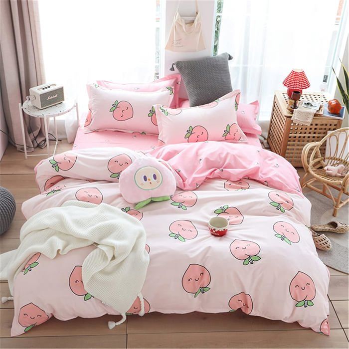 Ensemble de Housse de Couette Dessin animé 140x200 cm Ensemble de literie pêche Rose Ensemble literie Kawaii Belle Housse de