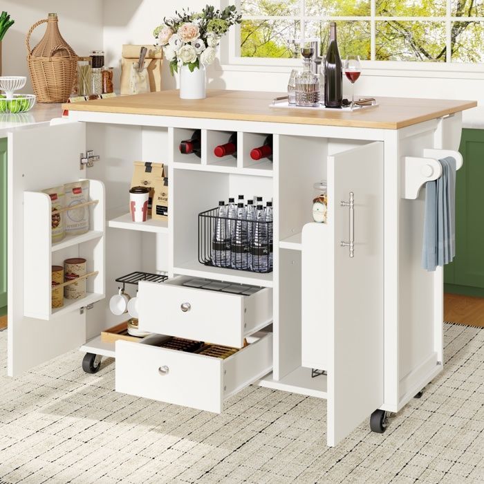 Buffet de Cuisine 120cm Armoire de Îlot 2 Portes 2 Tiroirs Plan de Travail Porte-Serviettes Desserte Chariot à Roulettes Blanc