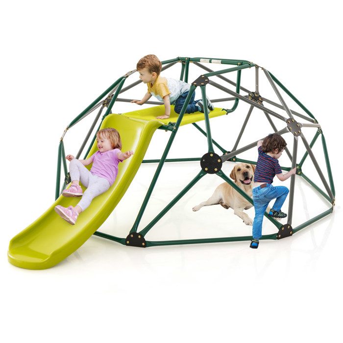 DREAMADE Dôme descalade avec Toboggan pour 3-10 AnsPlateforme en TissuCadre MétalliqueAire de Jeux Intérieur & ExtérieurGris