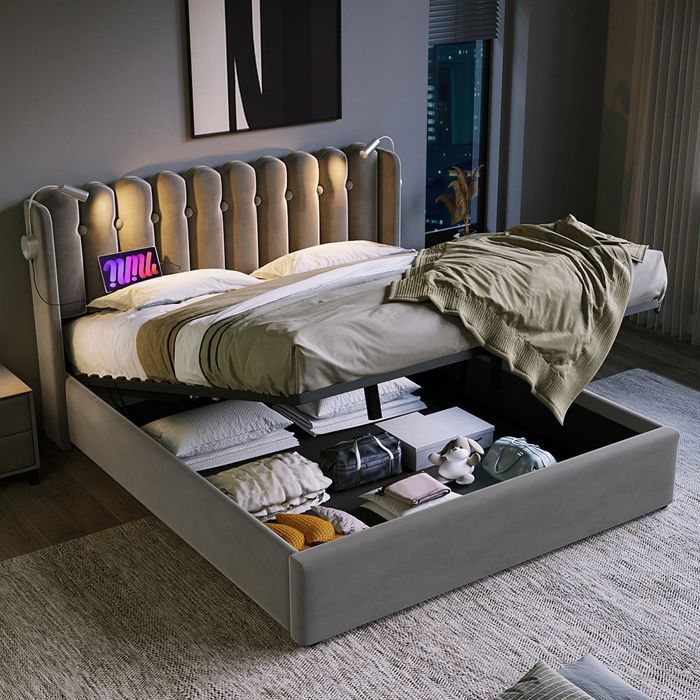 Lit coffre - AUTREMENT - 140x200 cm - Gris - Matelas inclus - Fonction de recharge USB