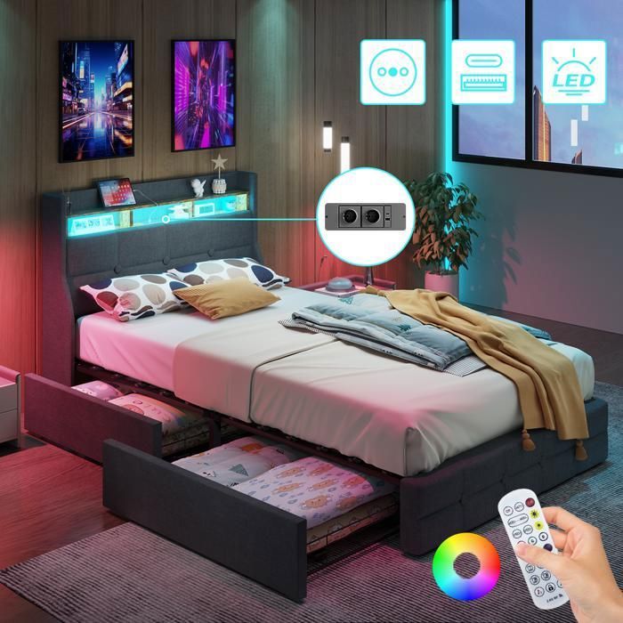Lit 90 x 200 cm avec Sommier - Lit Simple avec LED et USB - Lit Coffre avec 2 Tiroirs - Cadre de Lit en Métal - Gris