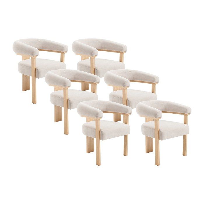 Lot de 6 chaises avec accoudoirs en velours côtelé et bois dhévéa naturel - Beige - LIVELIA