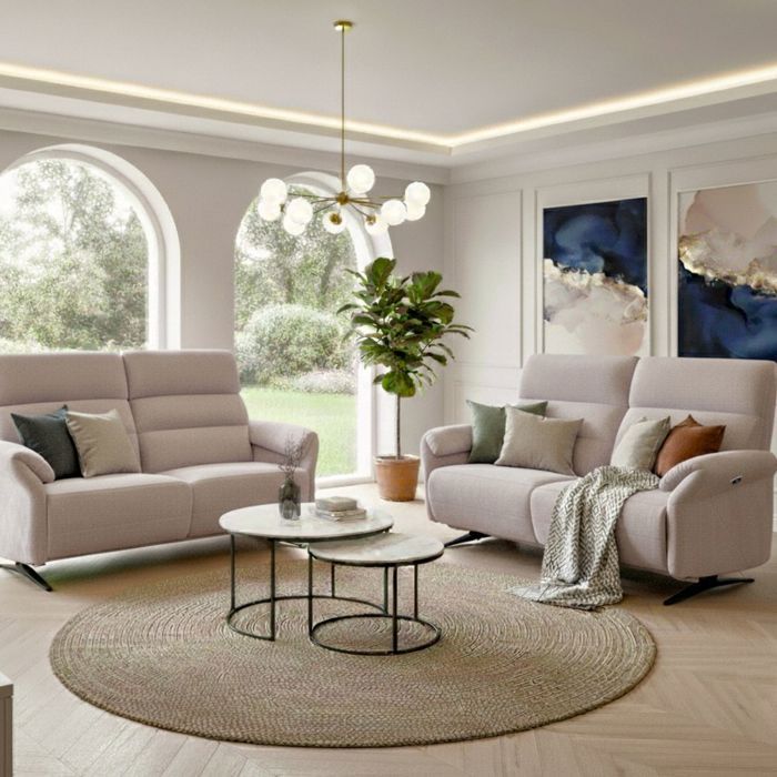 Ensemble canapé relax électrique 3 places + canapé fixe 2 places tissu maillé beige - LAMA