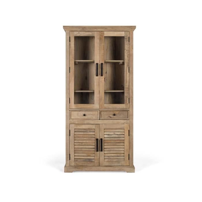 Vitrine en bois de manguier - 180x90x40 cm - Deux tiroirs - Portes vitrées - Portes à lattes - Bois massif - Marron Vitrine en bois de manguier - 180x90x40 cm - Deux tiroirs - Portes vitrées - Portes à lattes - Bois massif - Marron