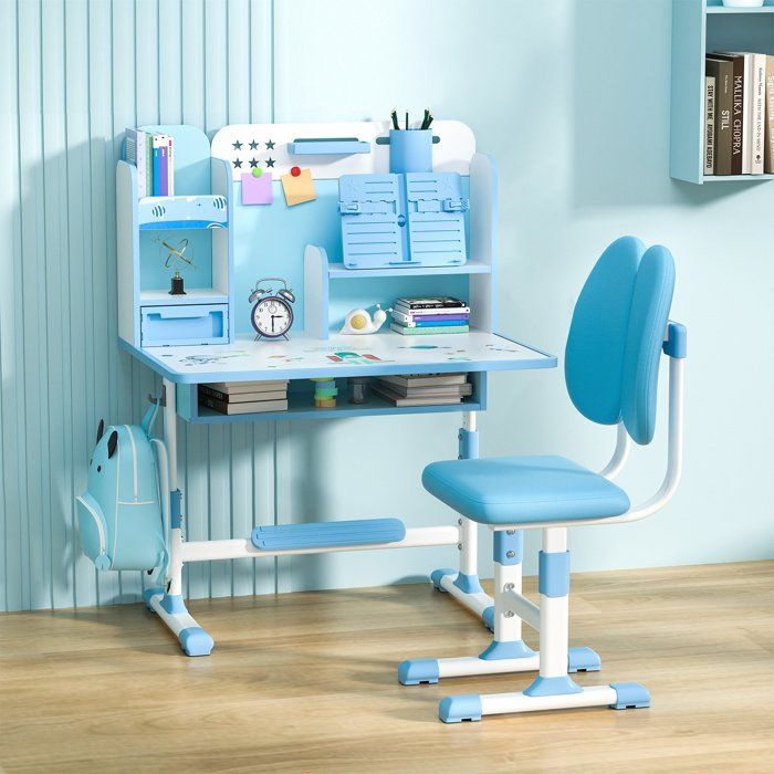 Bureau Enfant avec Chaise et Repose-Pieds - Fianao - 3-18 ans - Hauteur réglable - 115x80x50cm - Acier panneau de fibres - BLEU