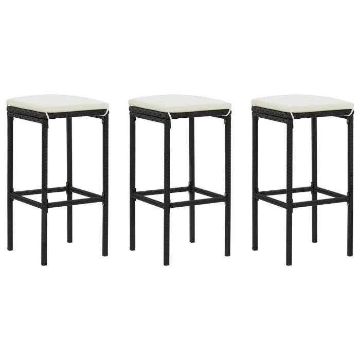 Tabourets de bar en résine tressée - XWO - Lot de 3 - Noir - Coussins blanc cassé - 38x38x76 cm - Résine tressée - Acier