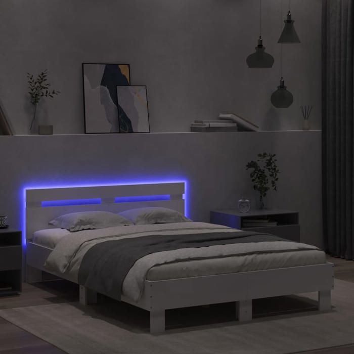 Lit 2 personnes avec LED - KALISSE - 120x190 cm - Blanc - Bois dingénierie - Lumières LED RVB - Connecteur USB