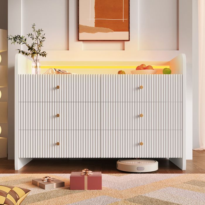 Commode Blanche 6 Tiroirs avec LED Façades Cannelées & Niche Lumineuse Sideboard Moderne 120×40×75 cm pour Salon & Chambre