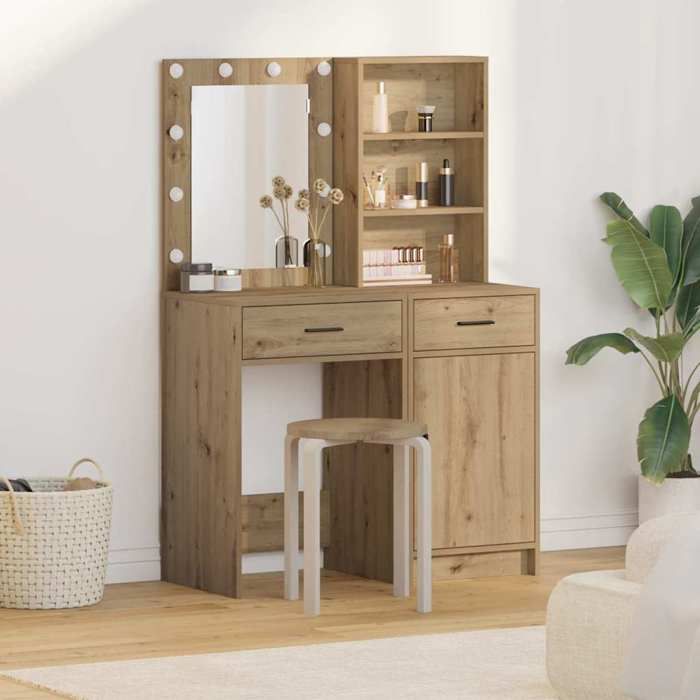 Moderne Ensemble de table de maquillage avec LED en bois Table de Cosmétique pour Chambre 2 pcs Chêne artisanal@FR(723118)