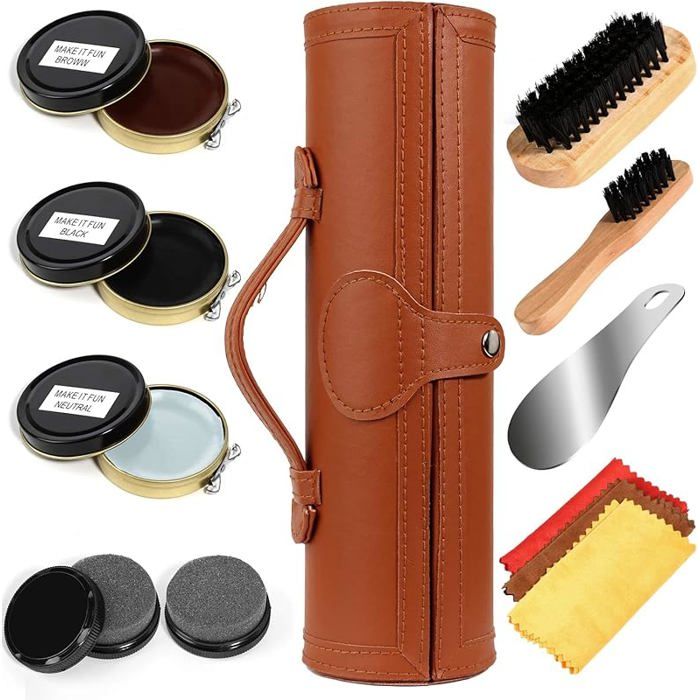 Kit pour Cirage de Chaussures avec étui élégant en cuir PU Kit pour cirage de chaussures de voyage 12 pièces CIRAGE